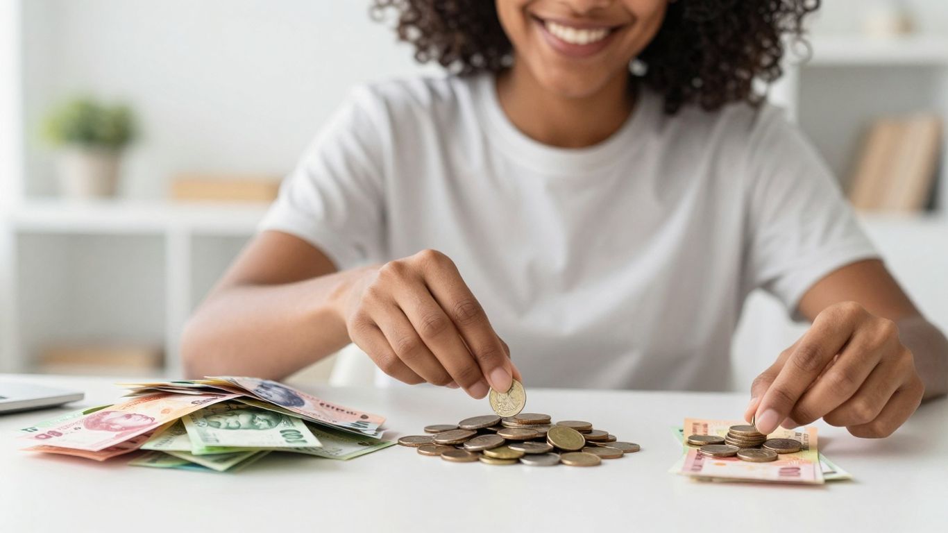 Money divided into three piles: needs, wants, savings.