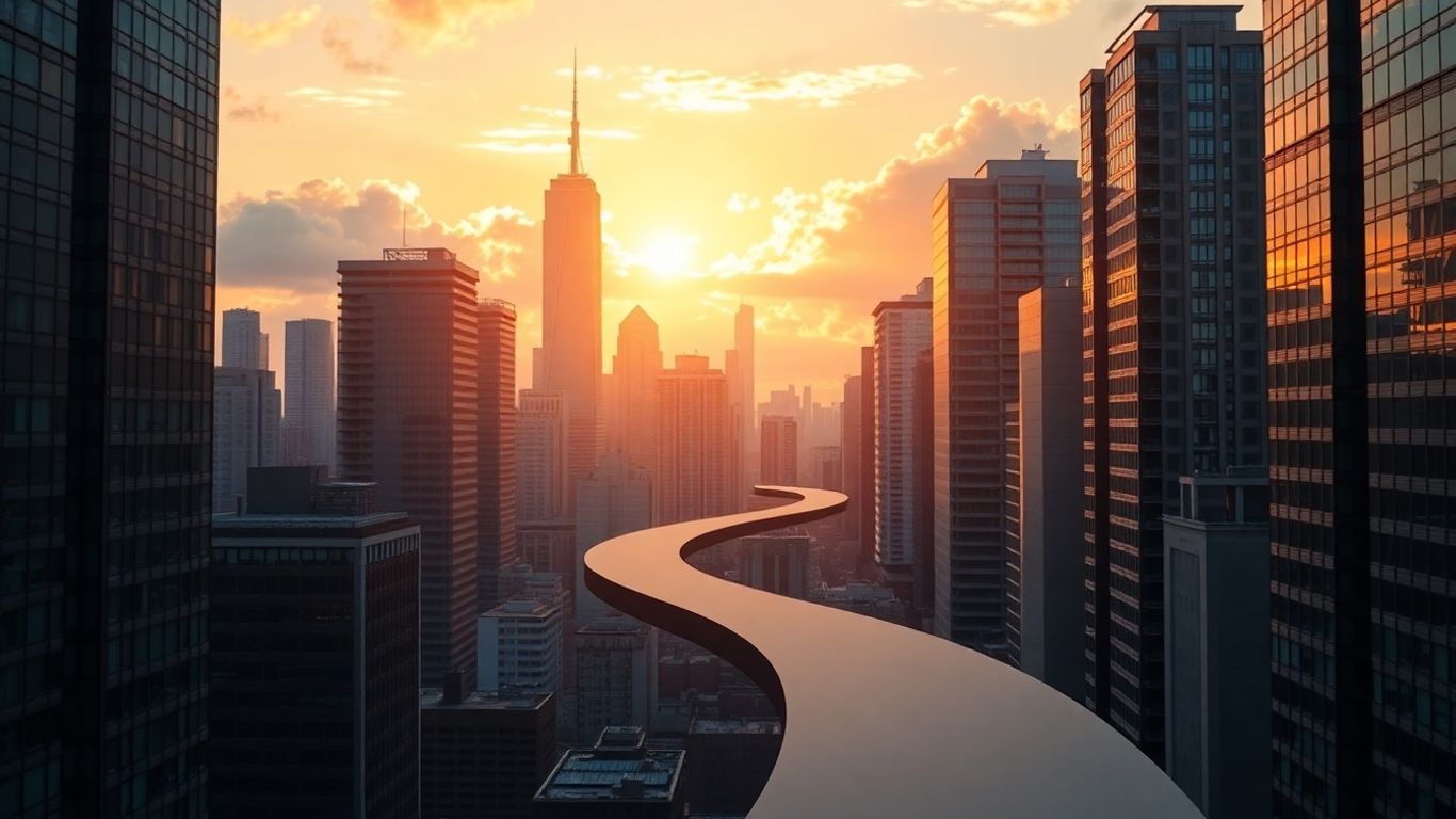 Financial pathway through city skyscrapers at sunrise.