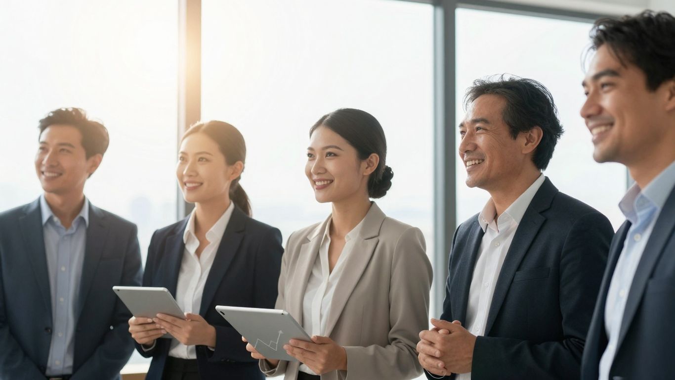 Mensen kijken hoopvol naar een zonnige toekomst met Randstad.