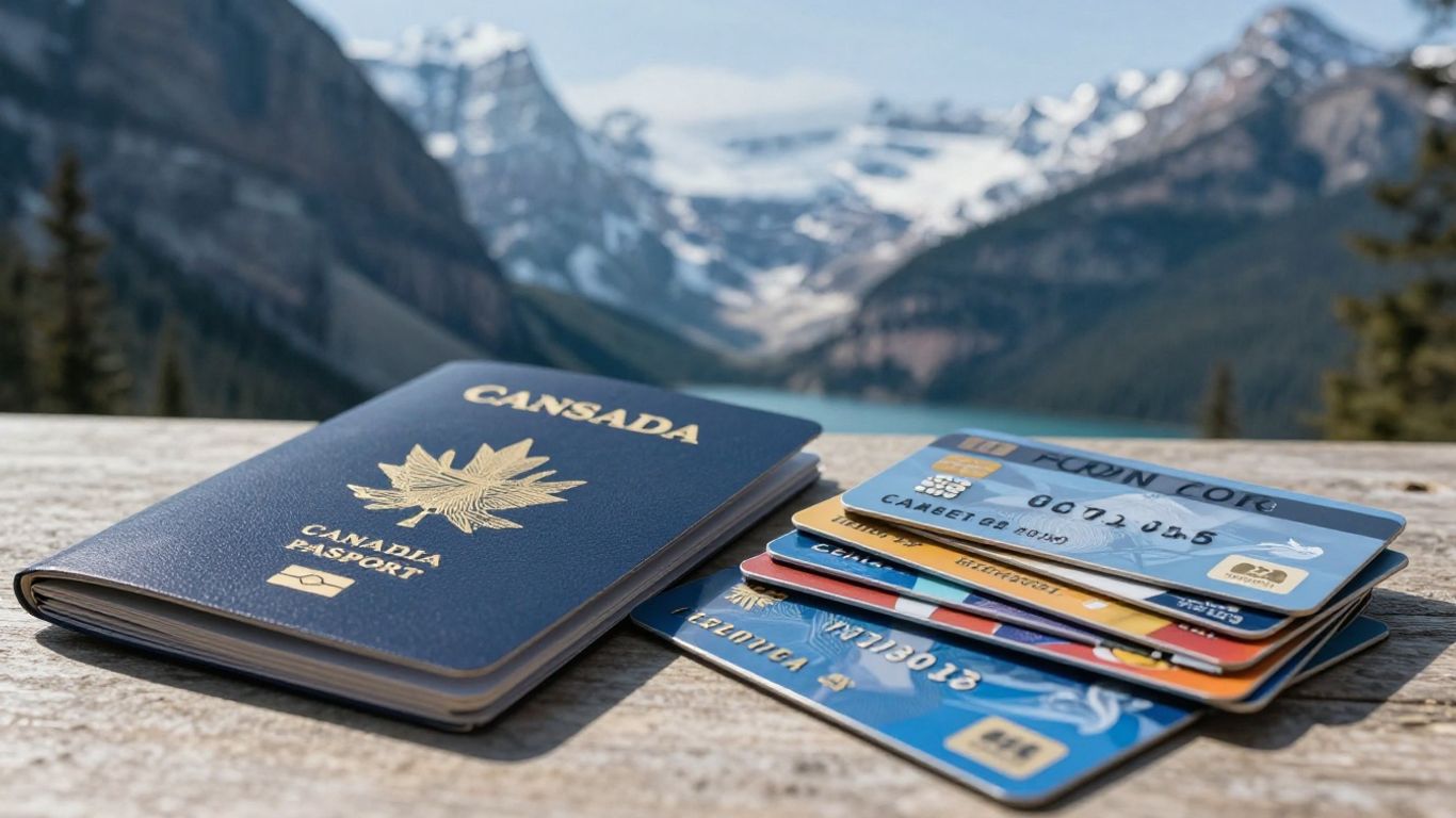 Canadian passport and credit cards for travel.