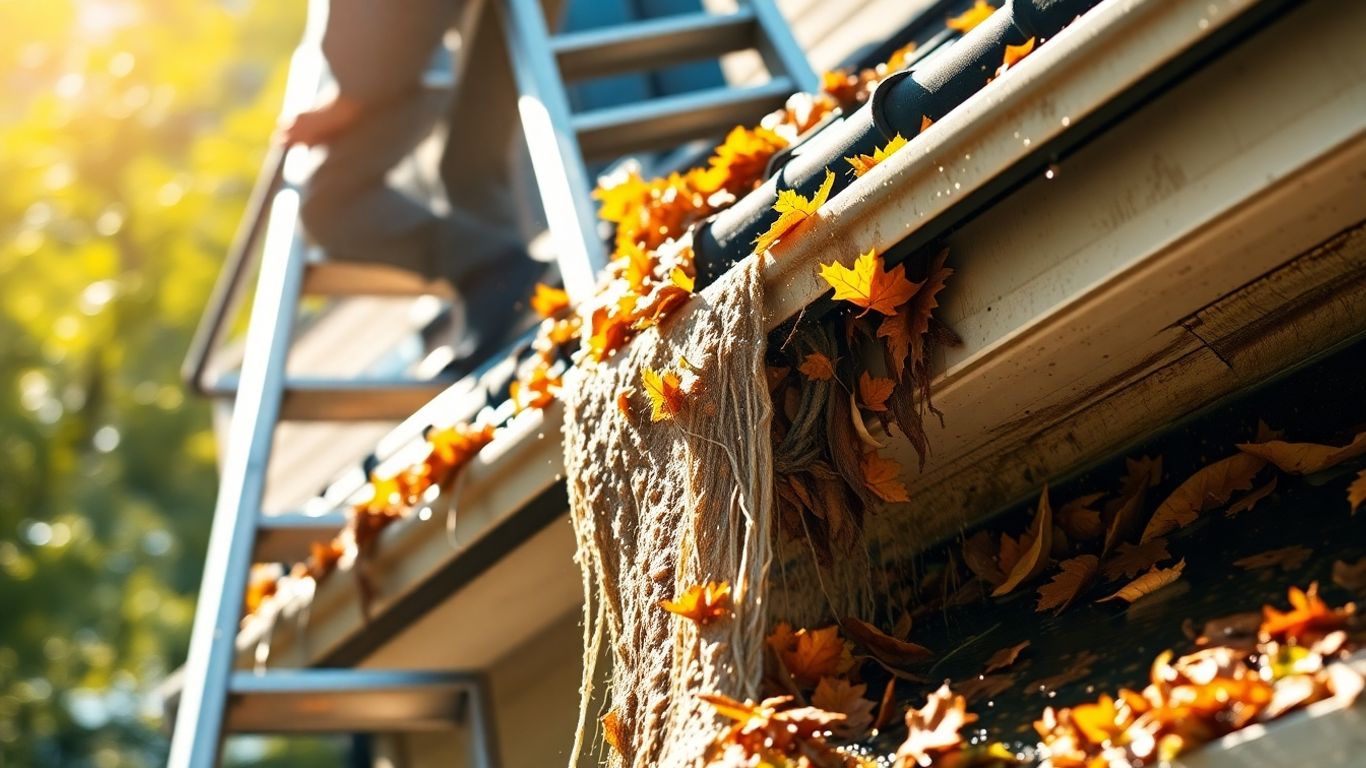Person cleaning clogged gutters with leaves and debris.