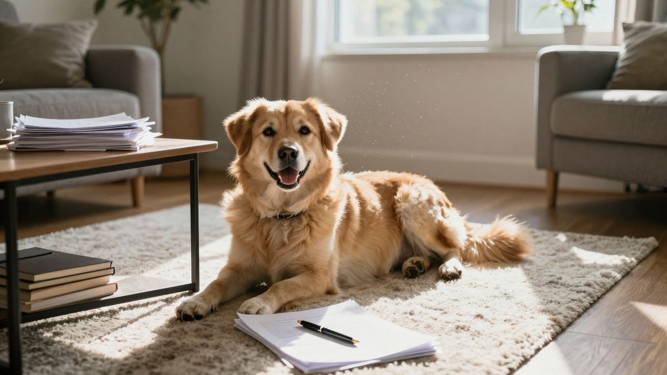 Dog relaxing in a sunlit living room with papers on table.
