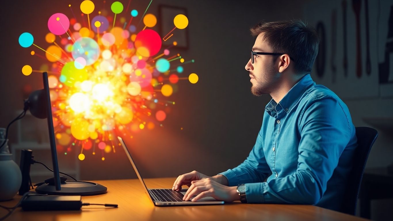 Person inspired by colorful abstract shapes from a laptop.