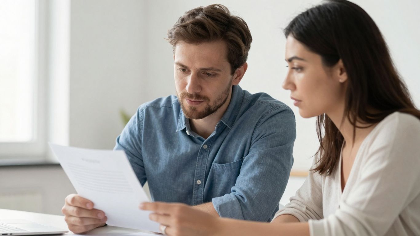Couple reviewing a postnuptial agreement document.