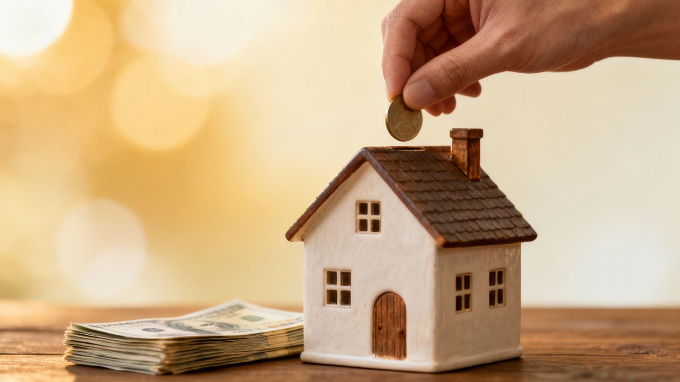 Piggy bank with coins and bills, symbolizing financial security.
