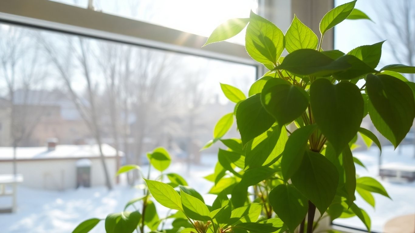 Grüne Zimmerpflanzen vor einem Fenster im Winter