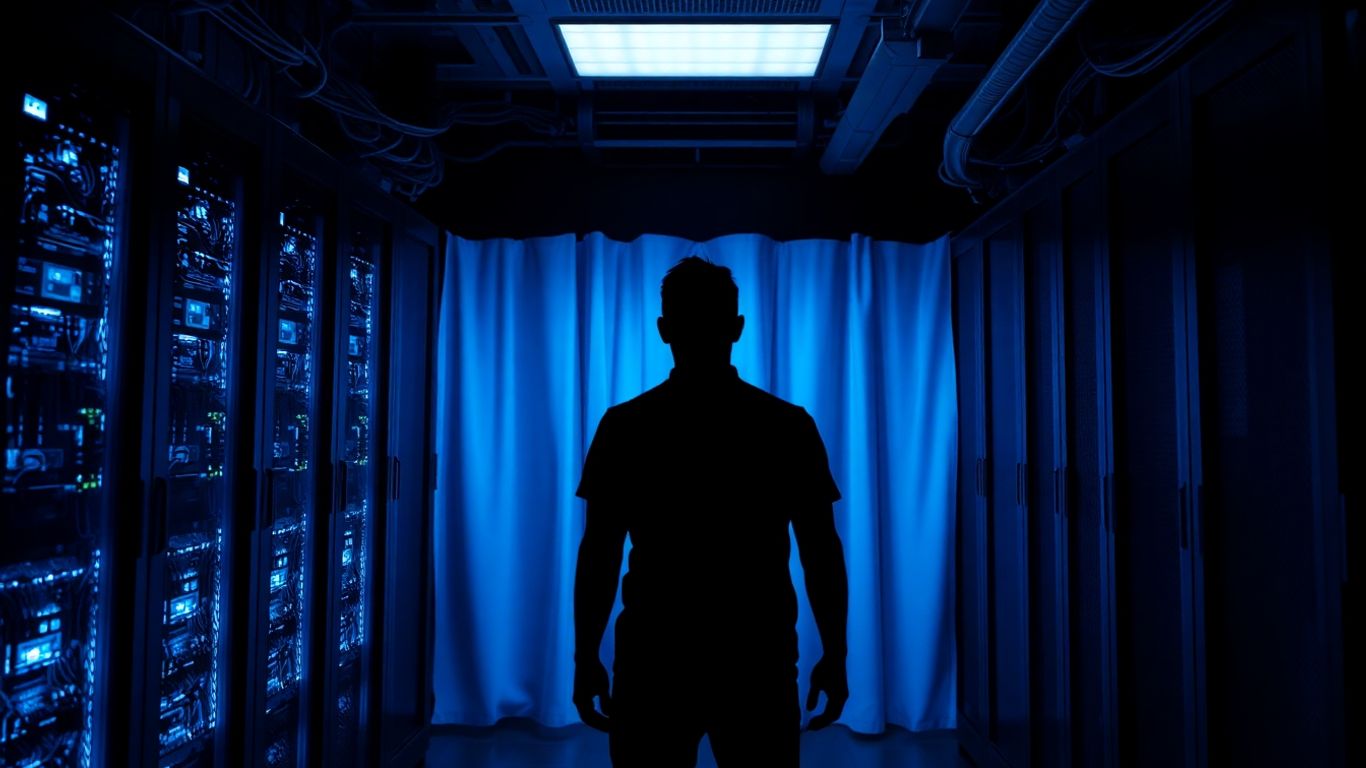 Shadowy figure before a curtain in a futuristic server room.