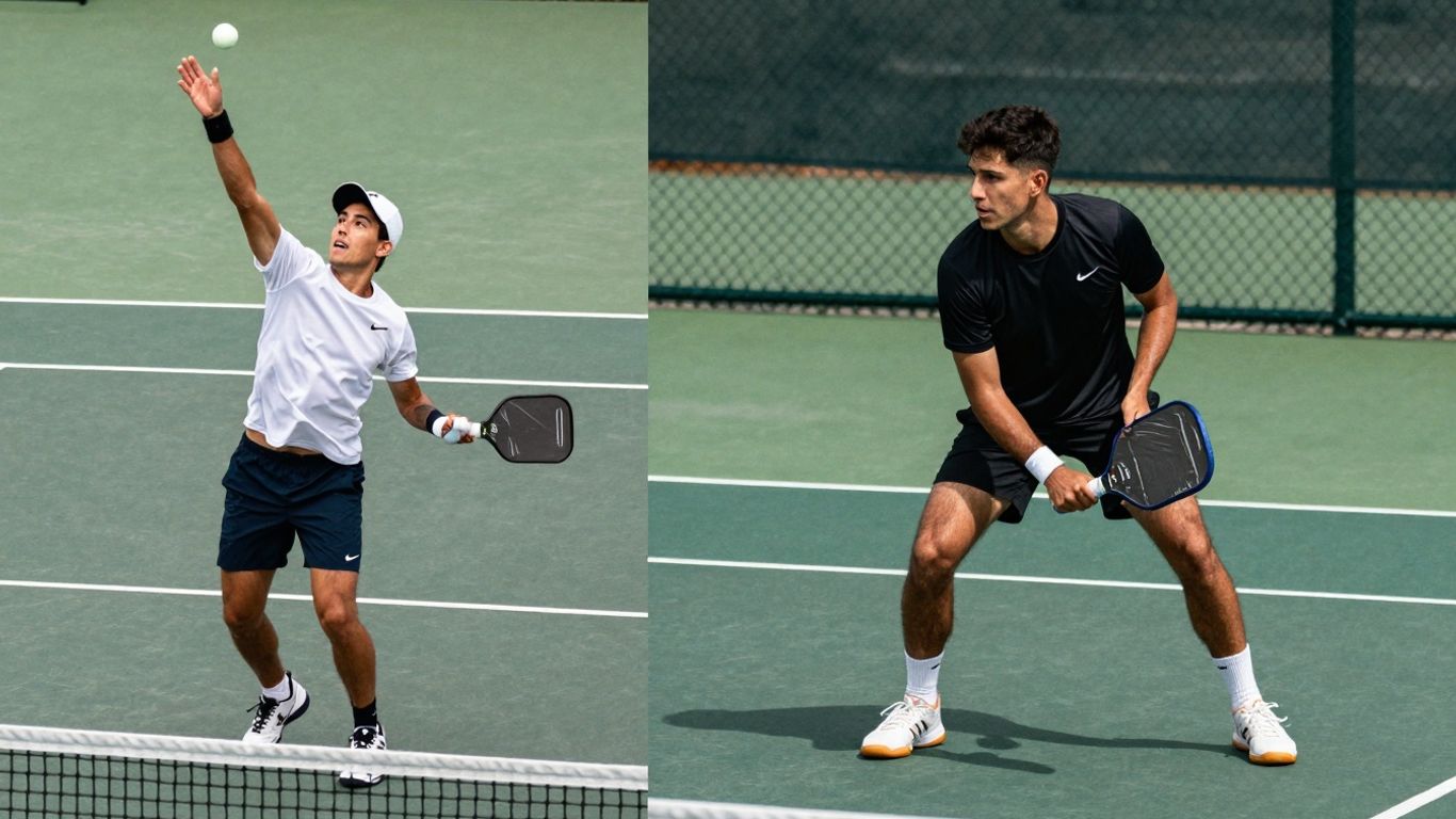 Tennis and pickleball players on courts, rackets ready.