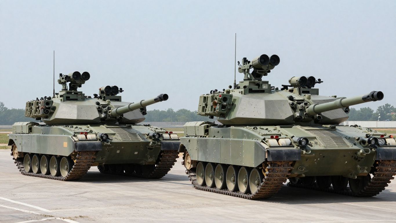 Army tanks and IFVs with counter-drone turrets.