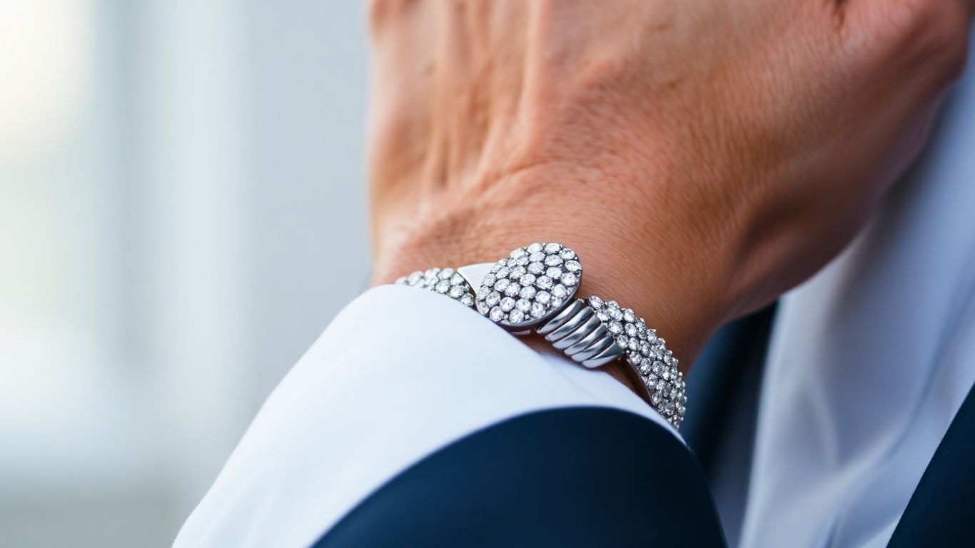 Man's wrist with a diamond tennis bracelet.
