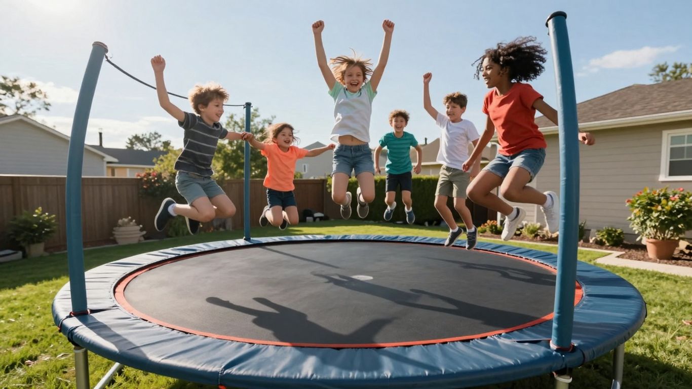 14ft trampoline in a backyard with kids jumping