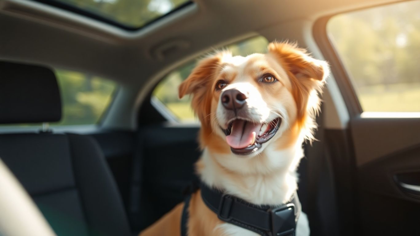 Dog safely secured in a car seat harness.