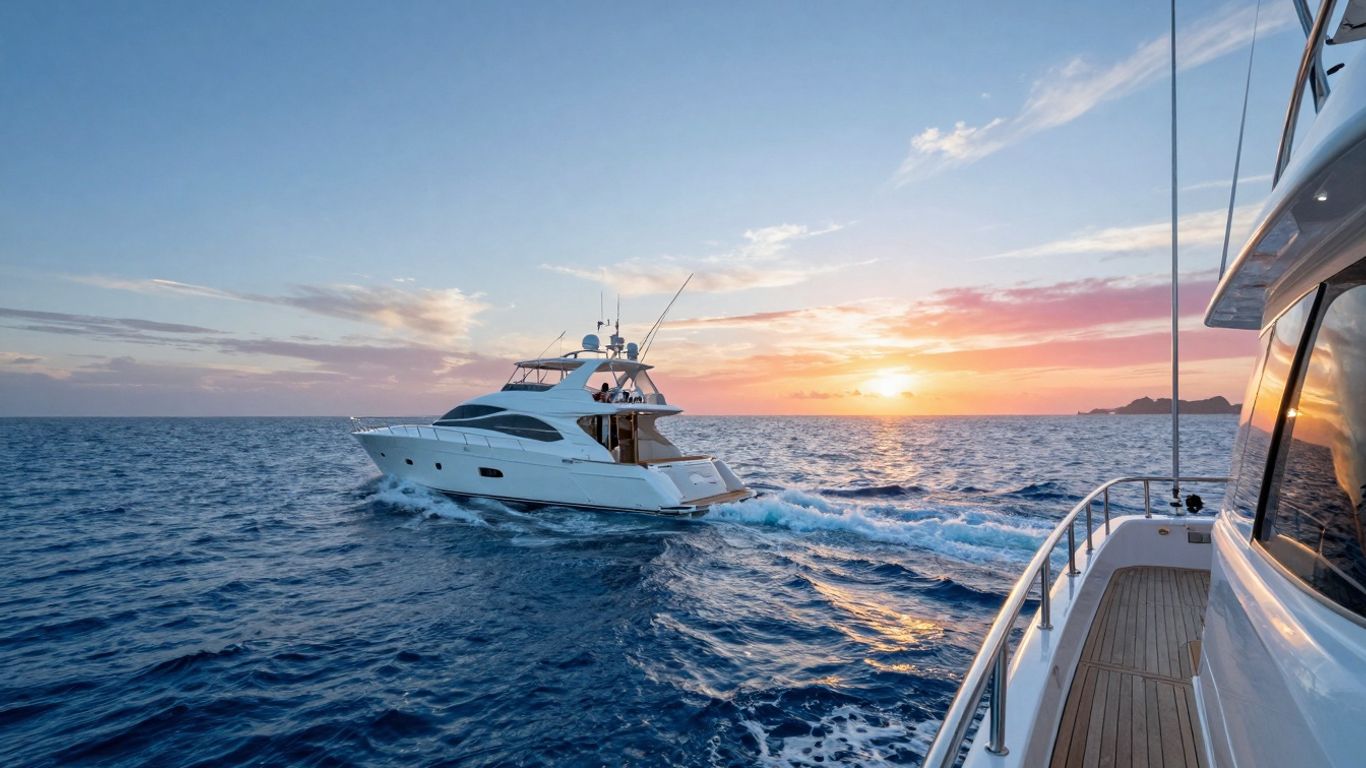 Luxury yacht sailing on blue ocean waters at sunset.