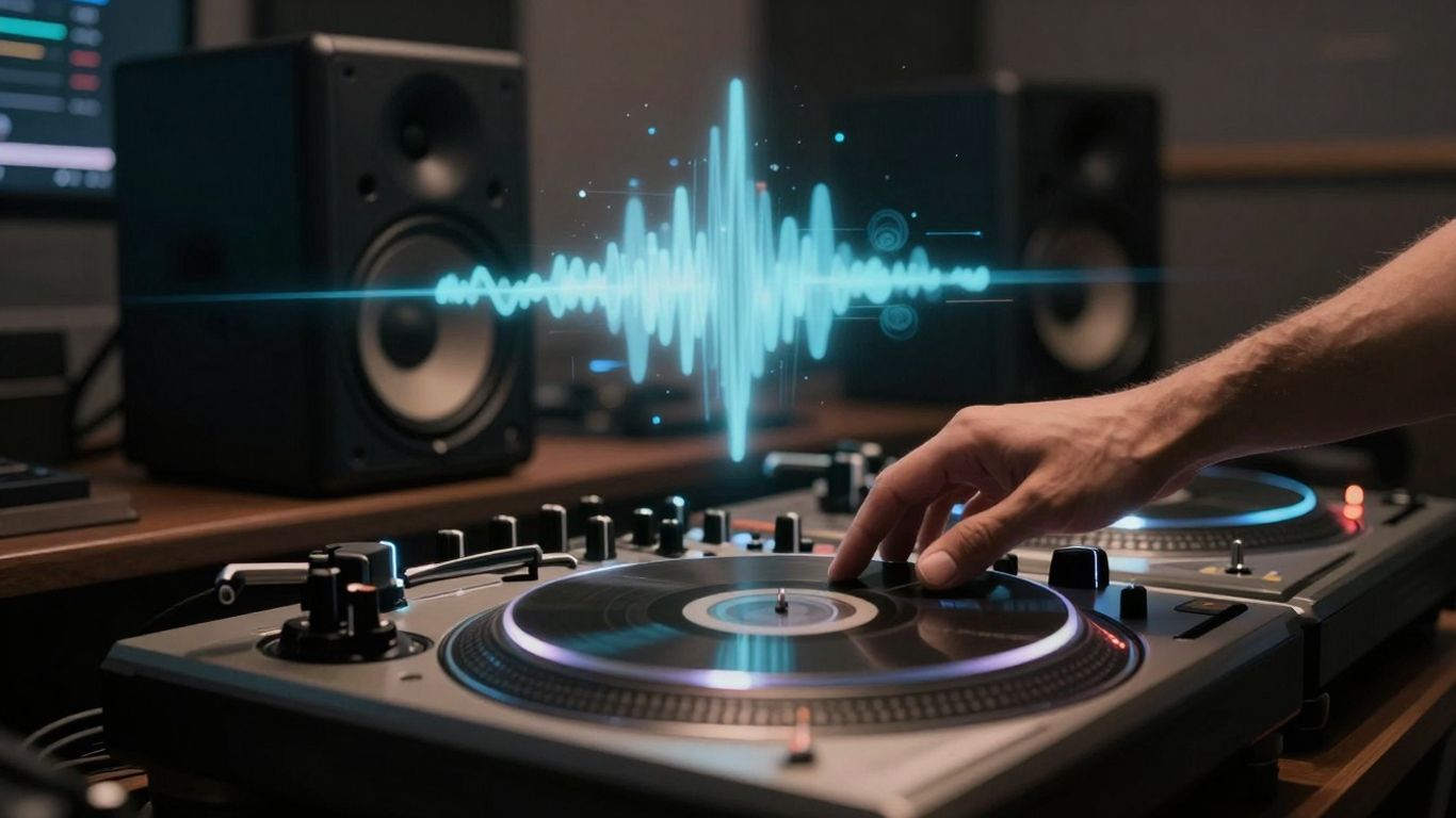 DJ hands on turntables with glowing sound waves.