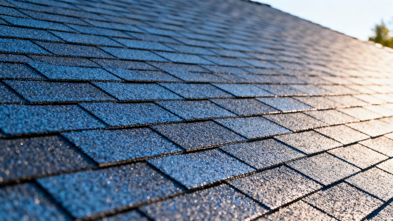 Newly installed roof with clean asphalt shingles.