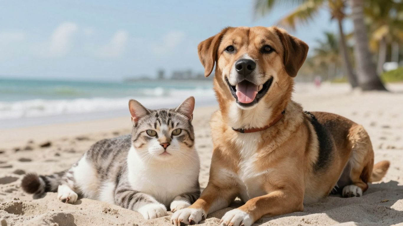 Dog and cat on a sunny Florida beach.