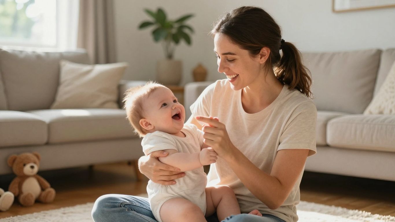 Woman happily babysitting a baby in a home.