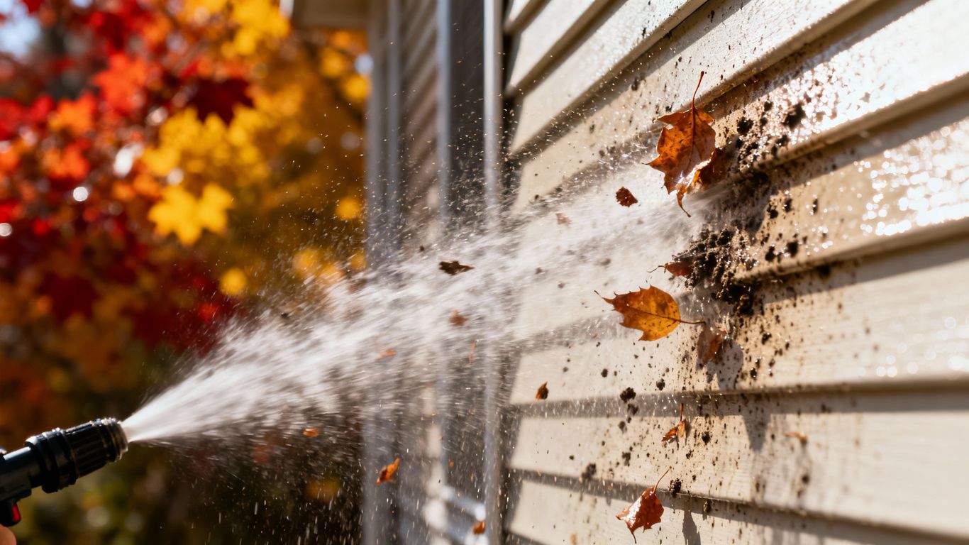 Pressure washing a house exterior in fall.
