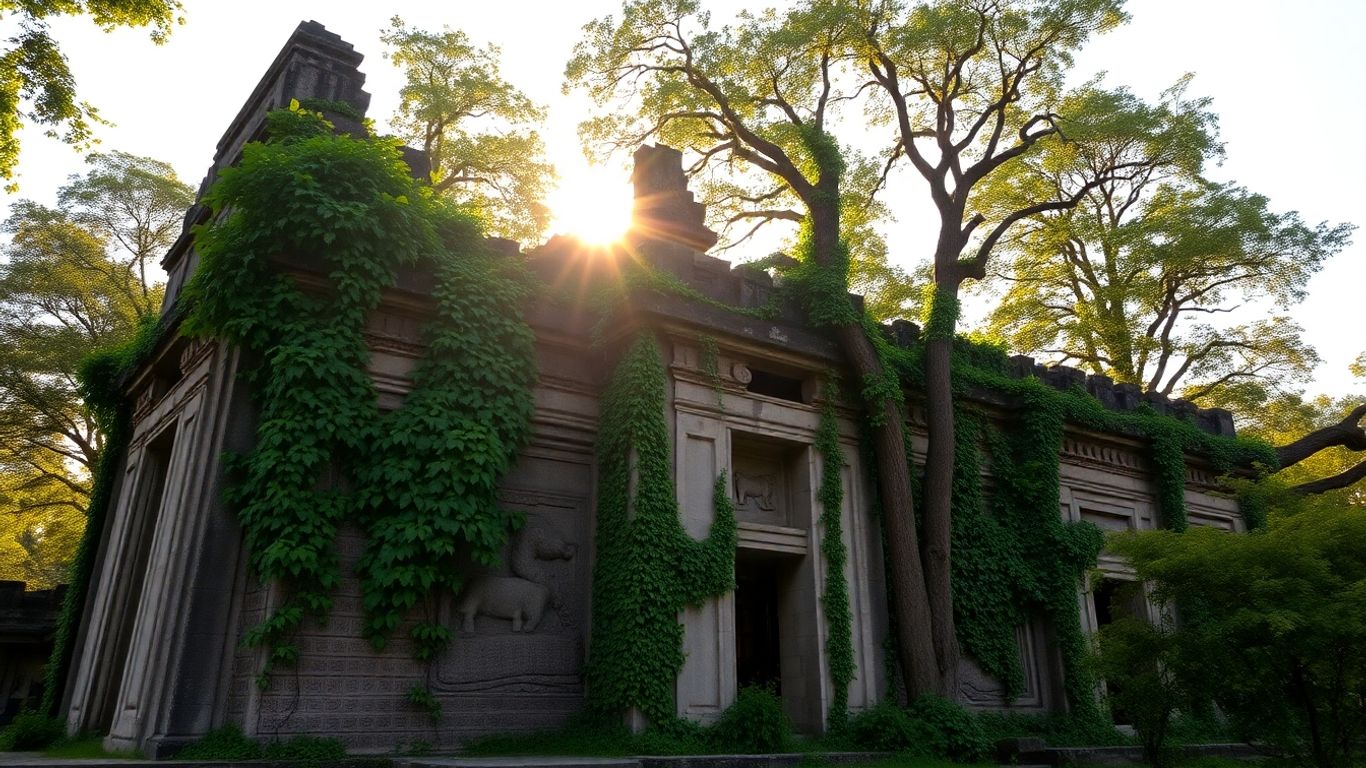Ancient ruins overgrown with nature at sunset.
