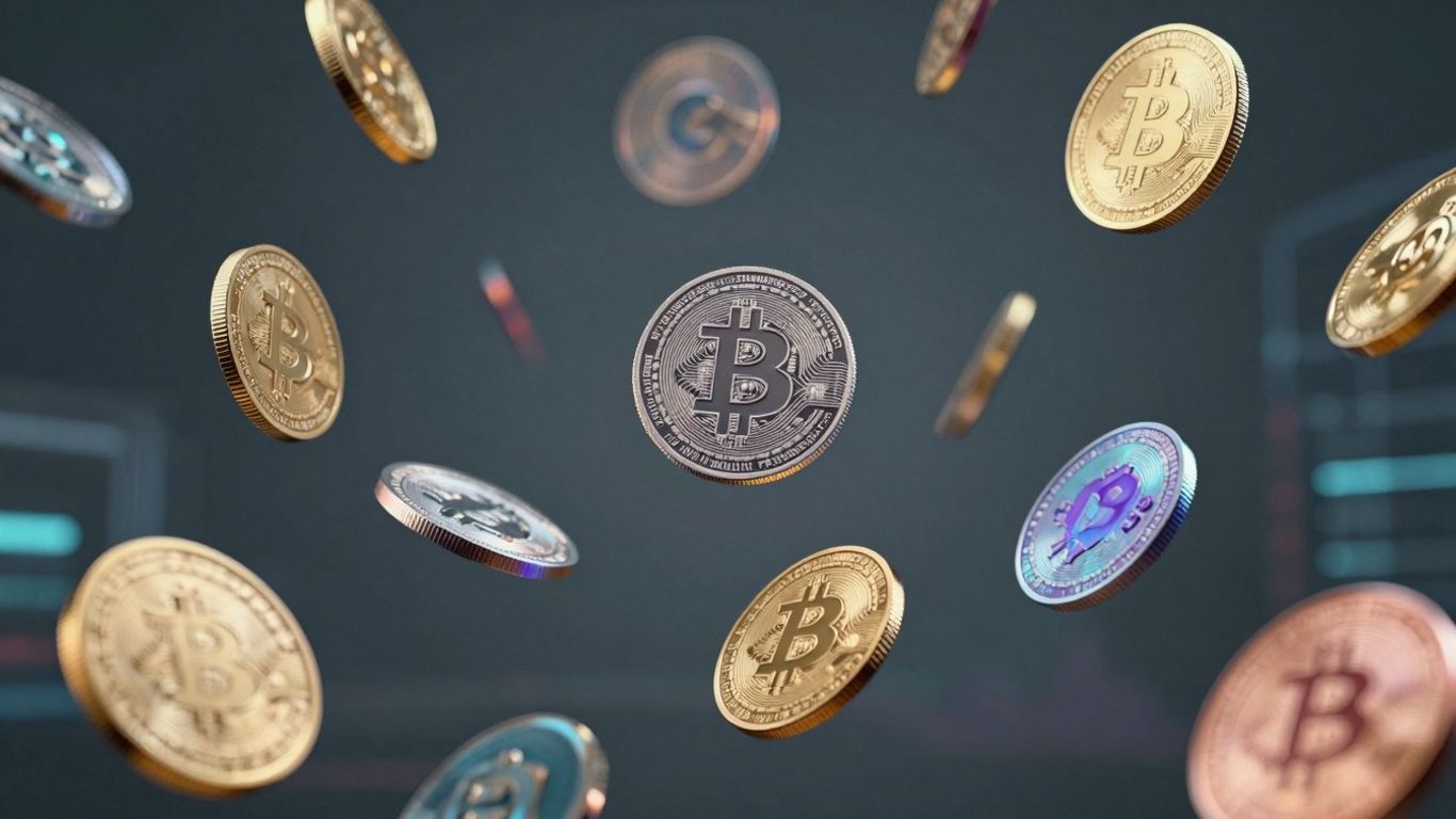 Abstract digital coins ascending, representing altcoin market growth.