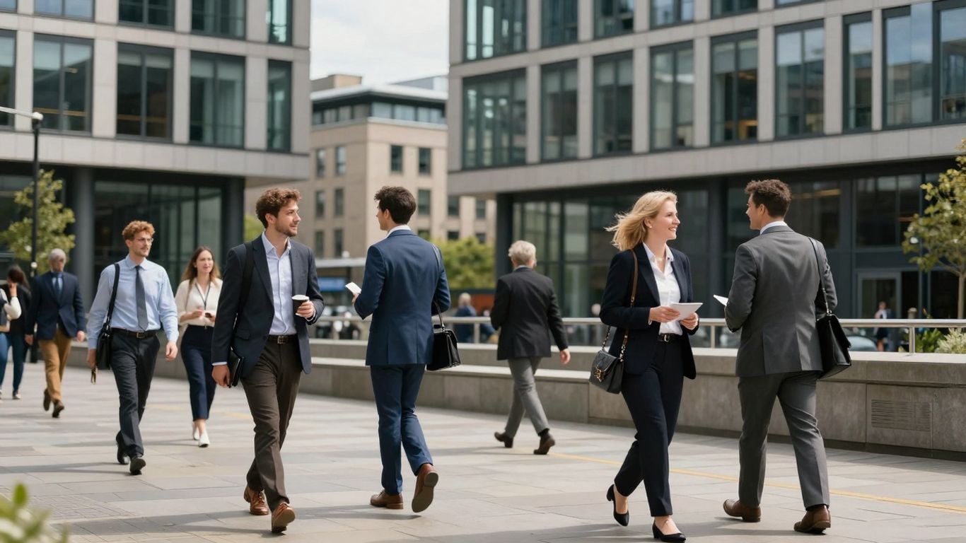Newcastle cityscape with professionals and modern buildings.