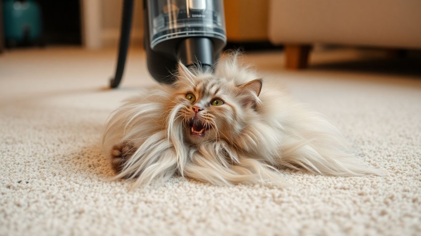 Vacuum cleaner removing cat hair from carpet.