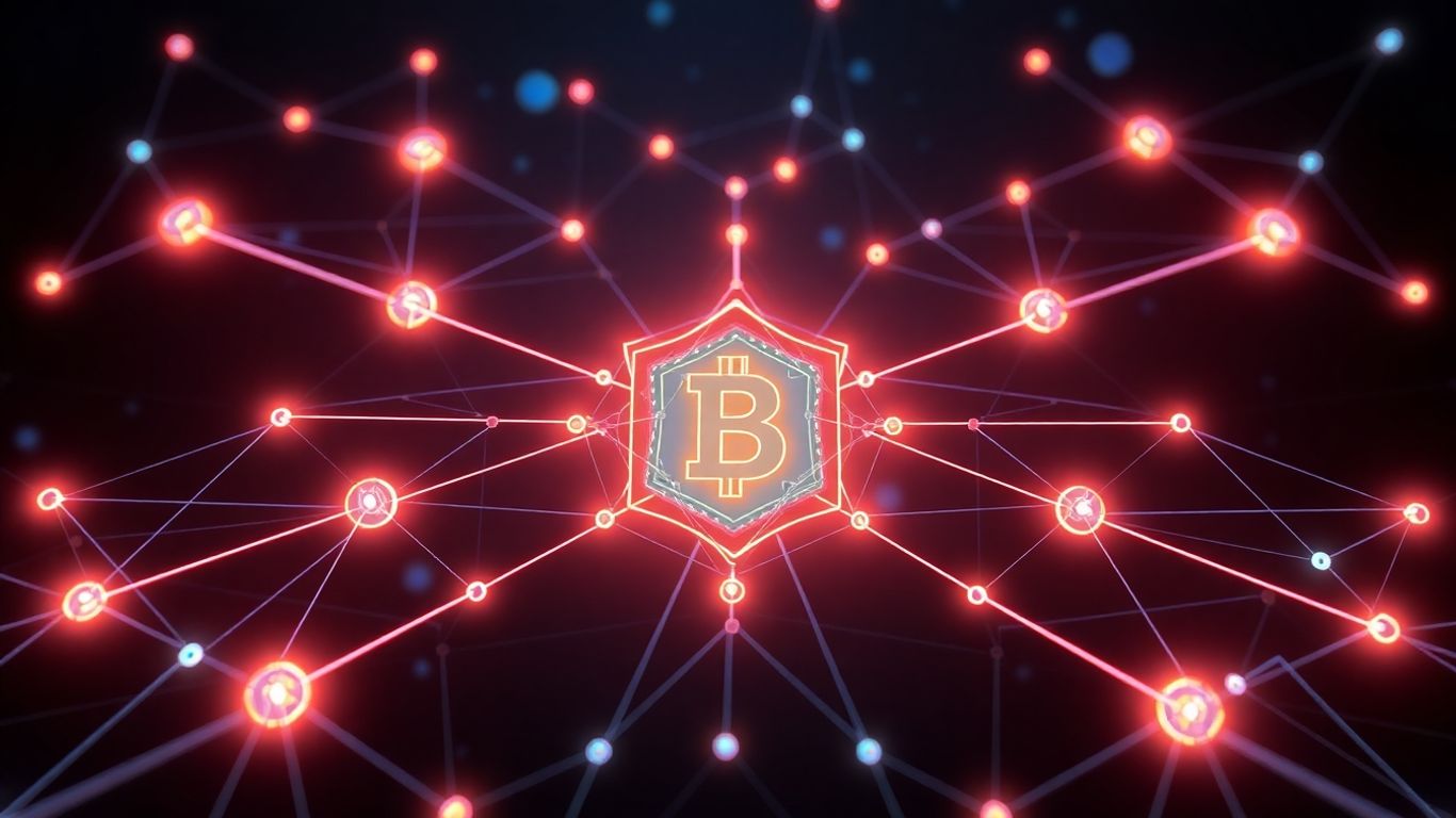 Interconnected digital nodes forming a secure blockchain network.