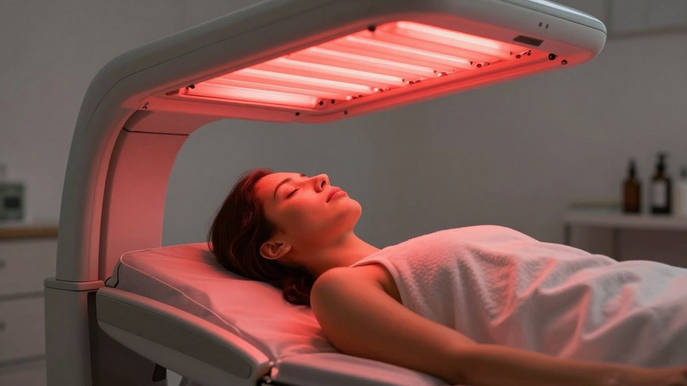 Person receiving red light therapy treatment.