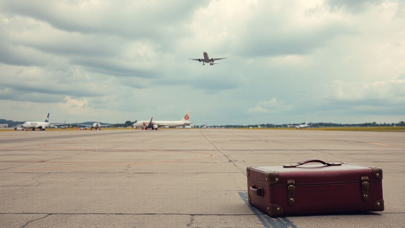 Koffer auf Flugplatz, Flugzeug startet