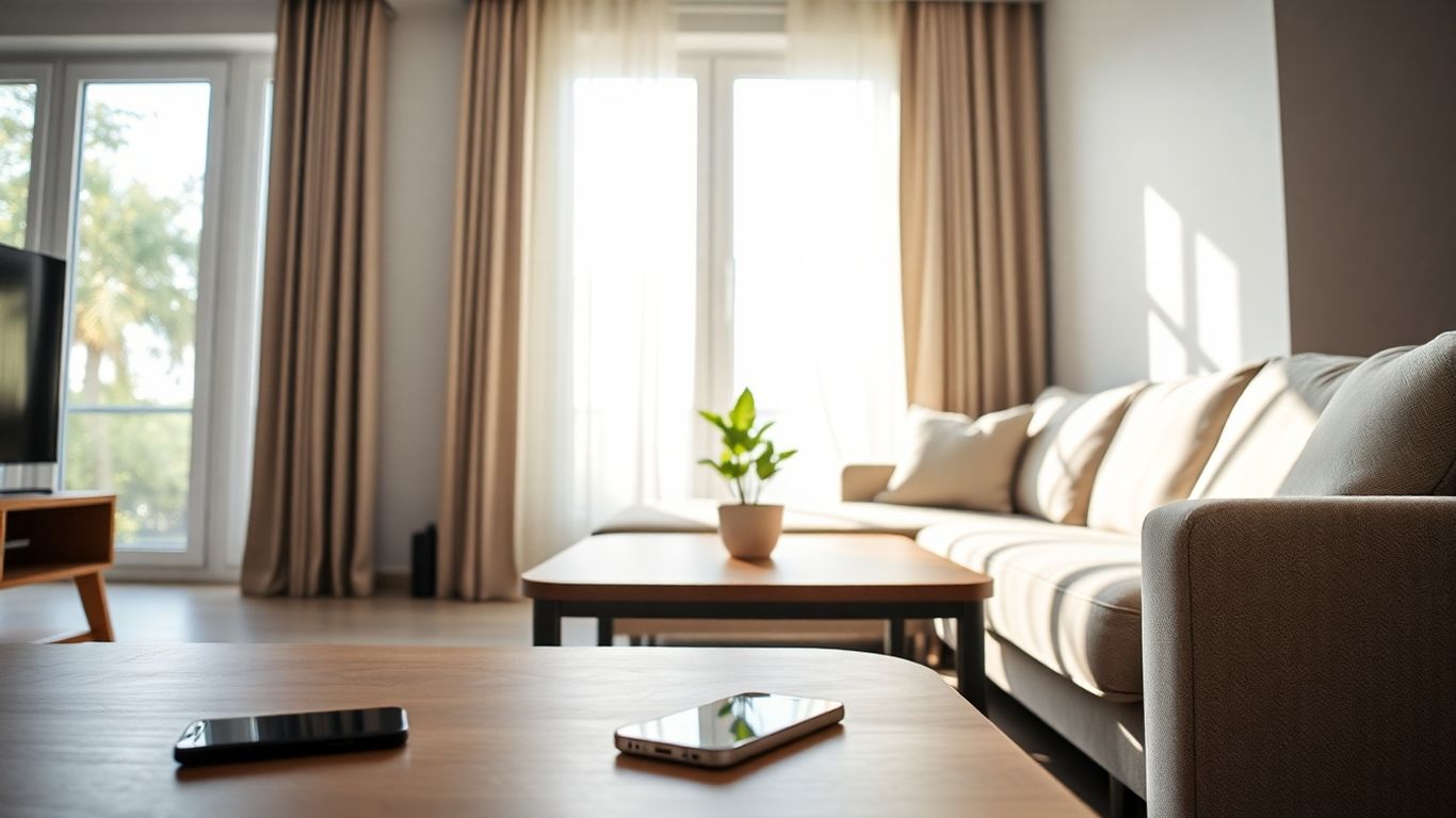 Sala de estar moderna con sofá cómodo y luz natural.