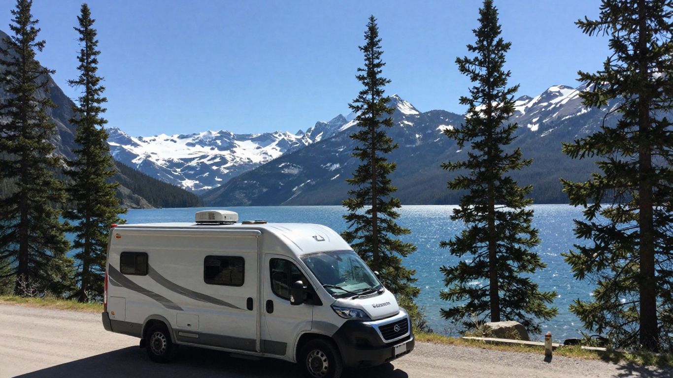 Motorhome parked by a lake in Canada.