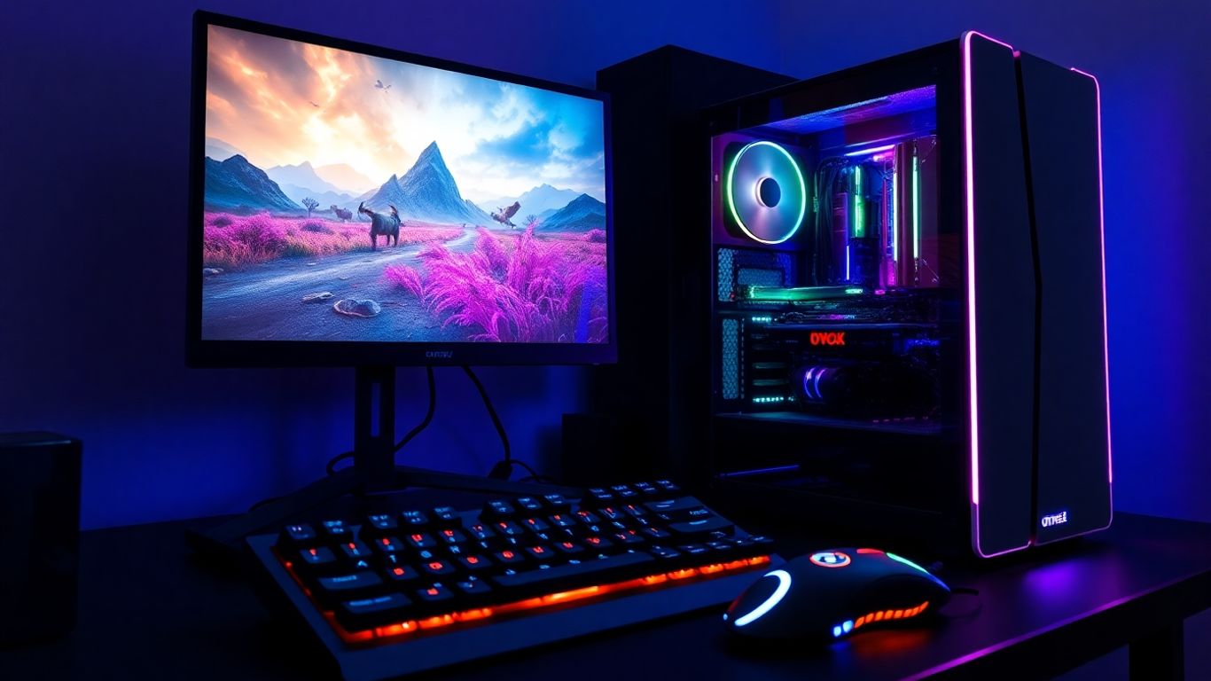 Configuration de PC gamer avec éclairage RGB et moniteur.