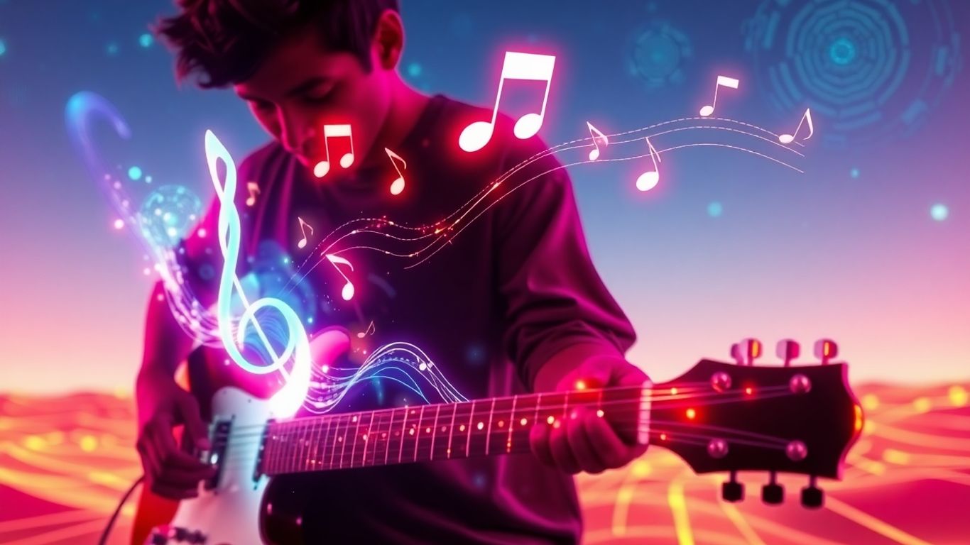 Person playing guitar with AI-generated music visuals.