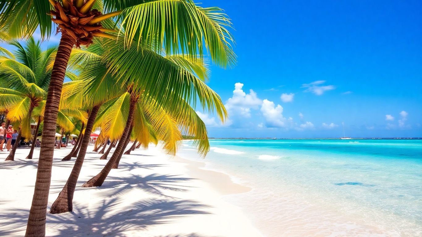 Tropical beach in Puerto Plata, Dominican Republic with palm trees.