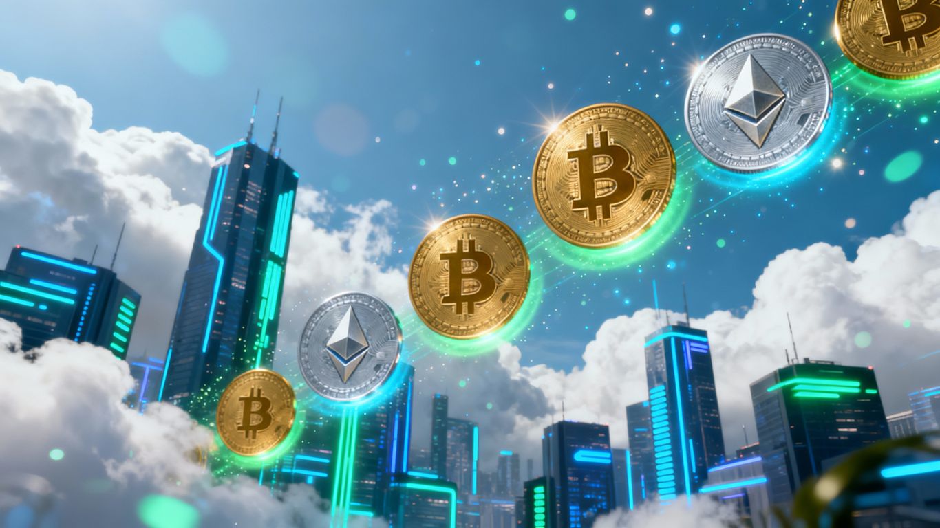 Bitcoin and Ethereum coins rising in digital futuristic city