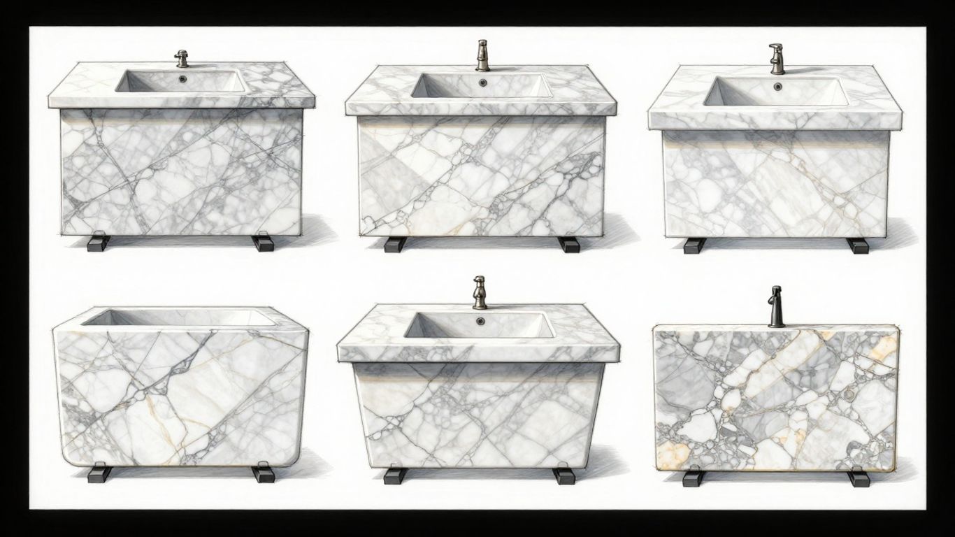 Custom marble products and slabs in a workshop sketch.