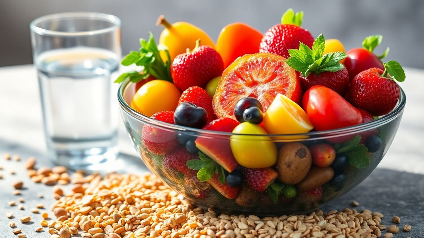 Healthy food bowl with fruits, vegetables, and grains.