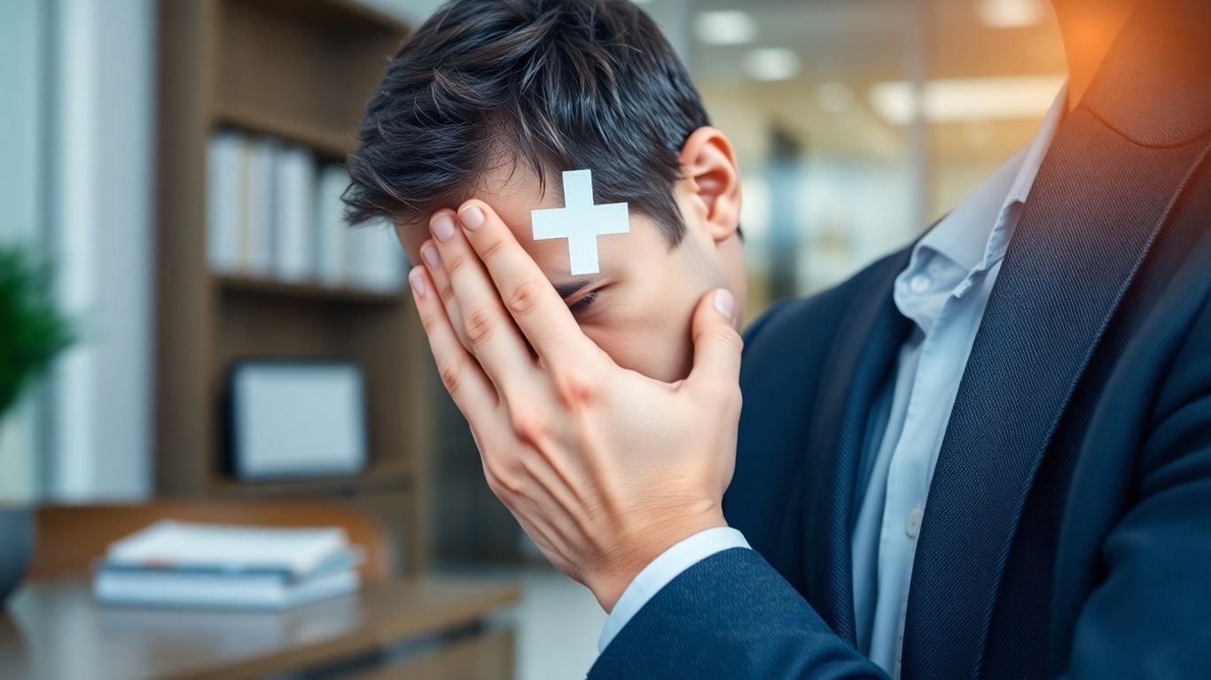 Person looking worried with medical cross.