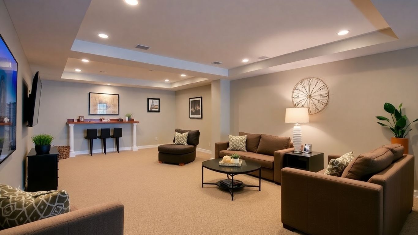 Finished basement living area with modern decor and warm lighting.