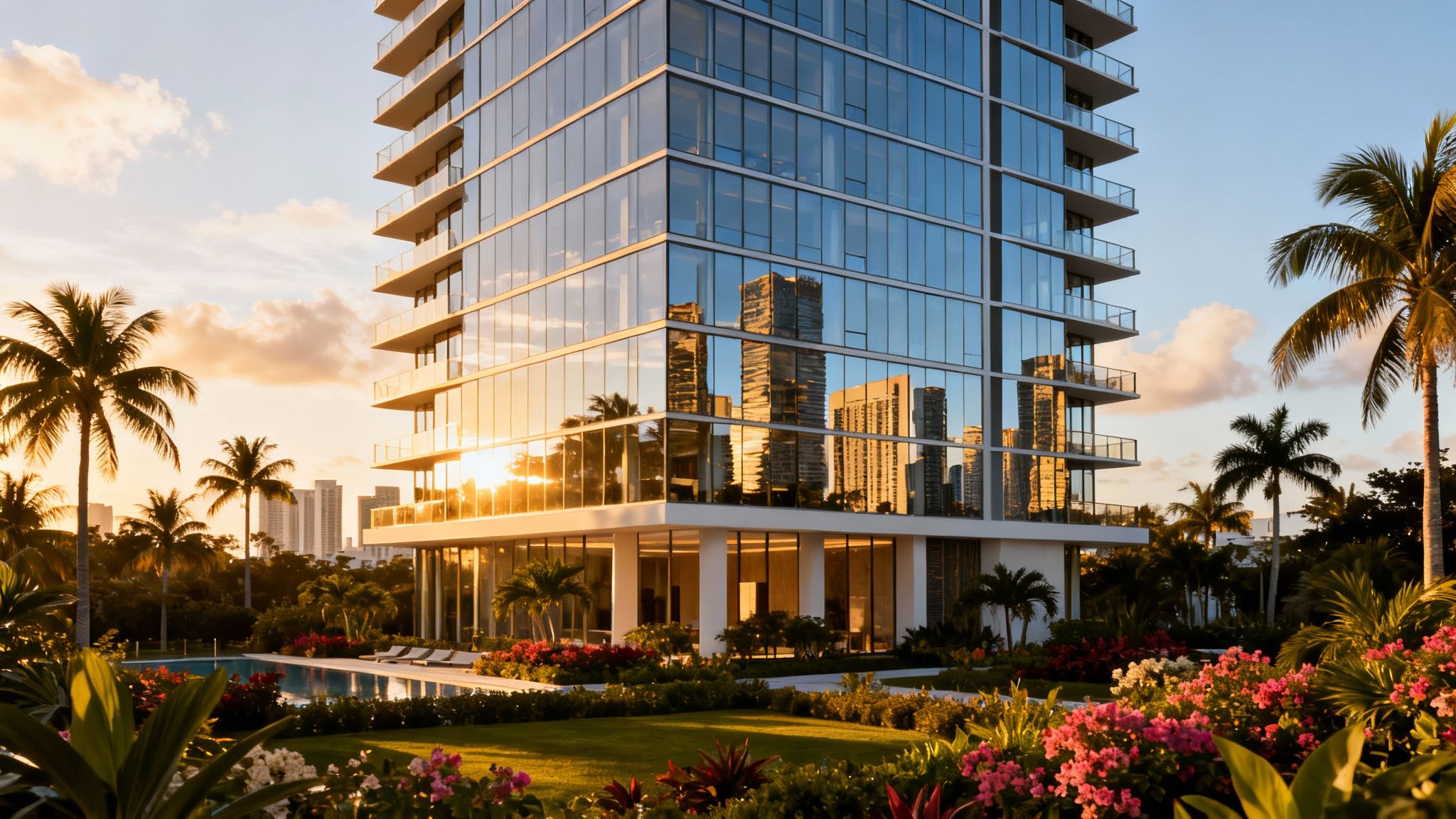 Contemporary luxury condo tower in Midtown Miami with lush landscaping and floor-to-ceiling glass