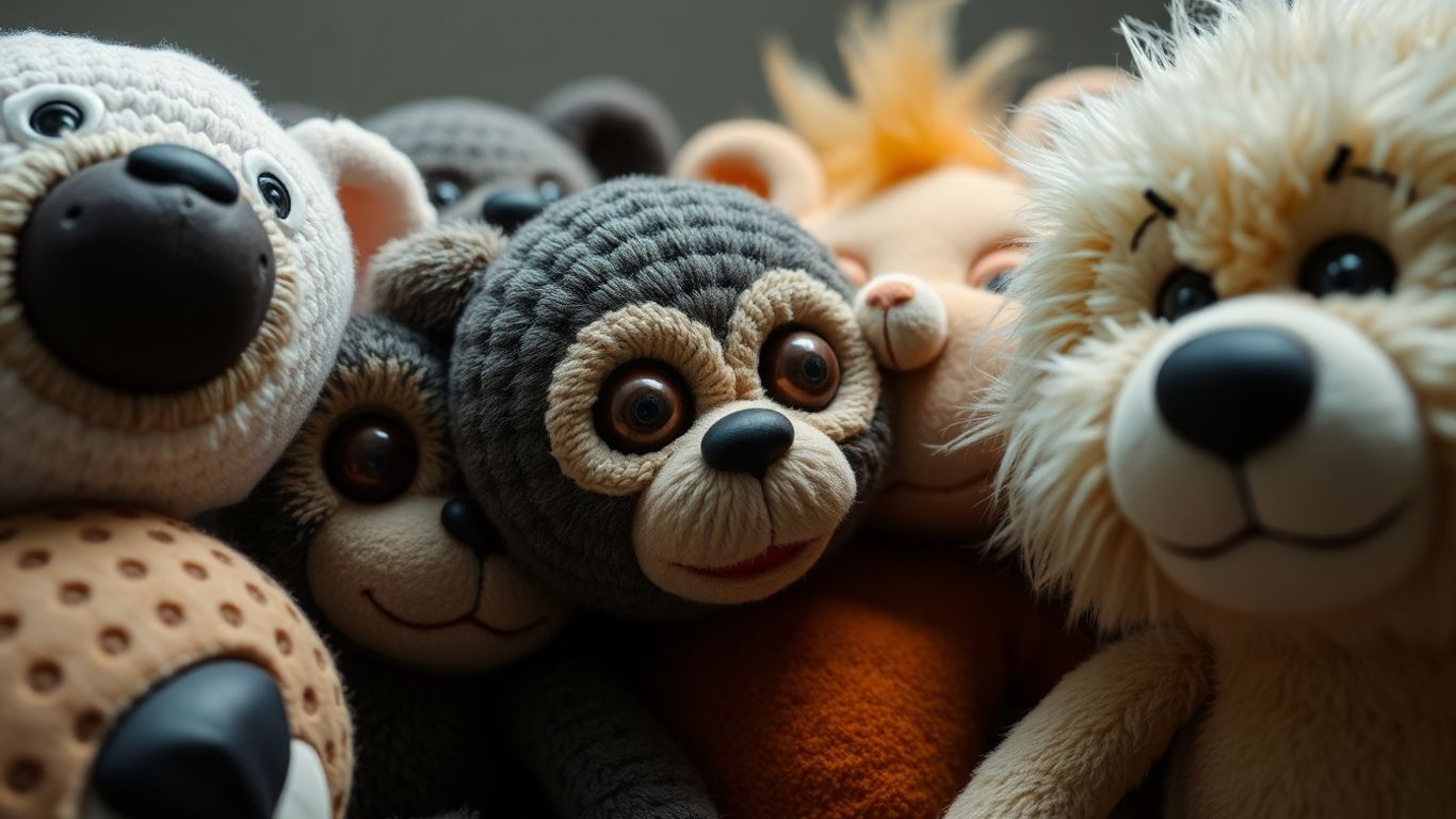 Stuffed animals with human-like faces, some cute, some creepy.