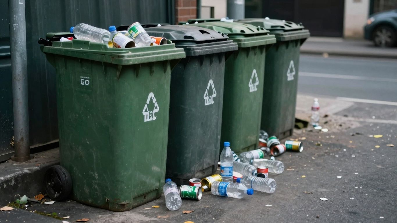 Deșeuri reciclabile aruncate lângă pubele supraaglomerate.