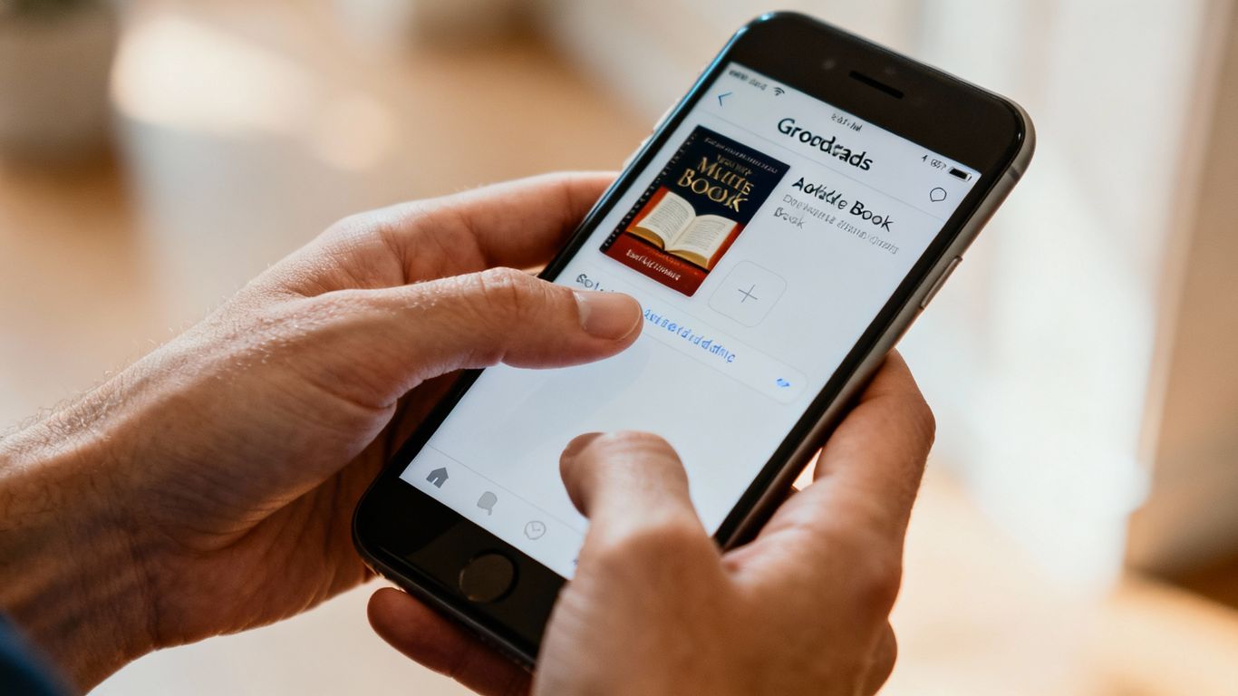 Hands holding phone with Goodreads app open.