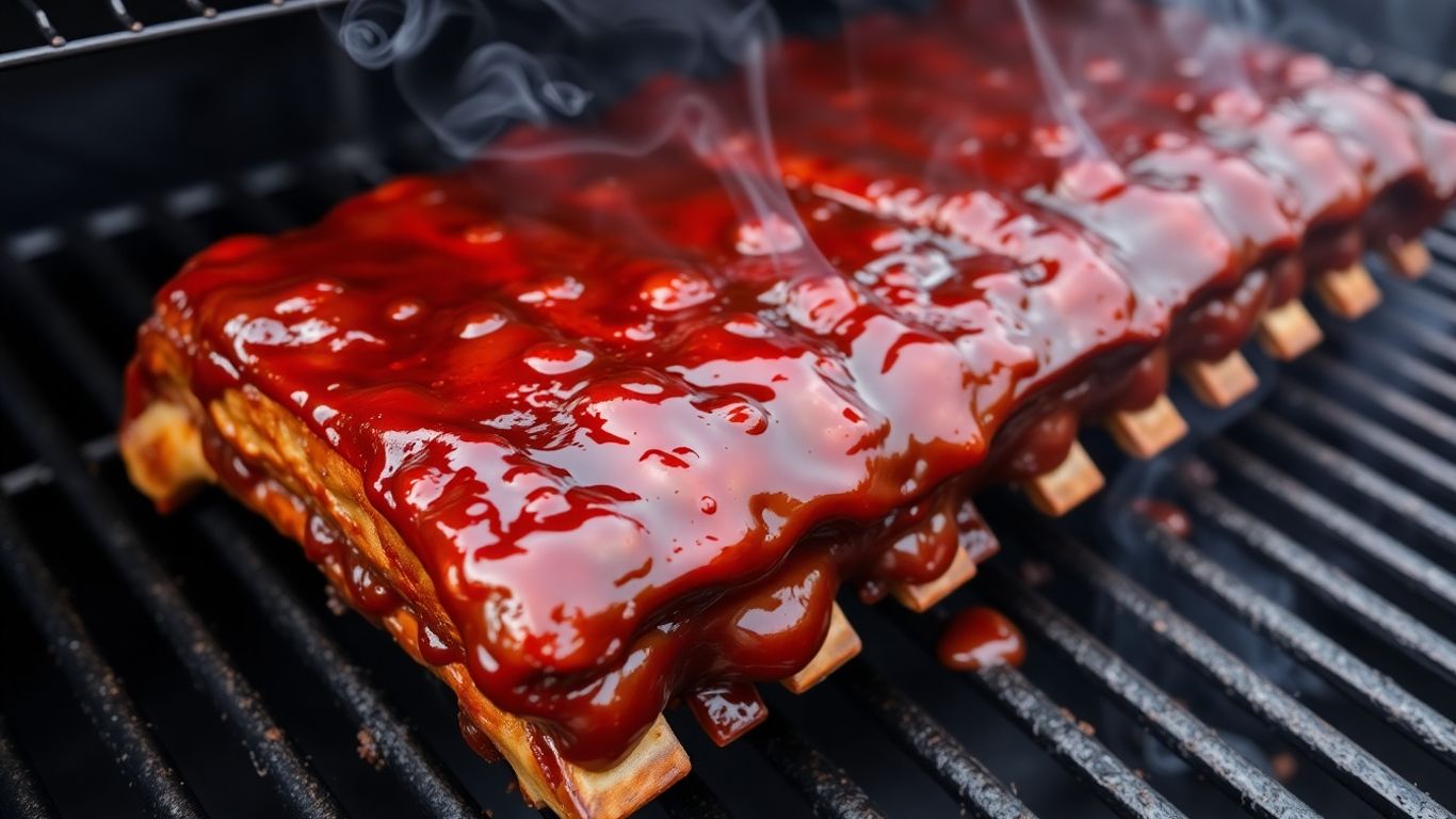 Glistening sauced ribs on a grill, smoke rising.