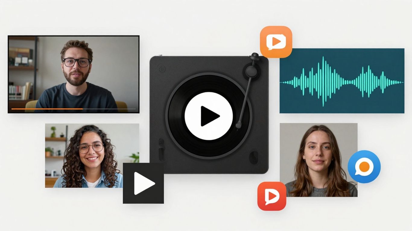 Collage of content formats: video, podcast, social media icons.