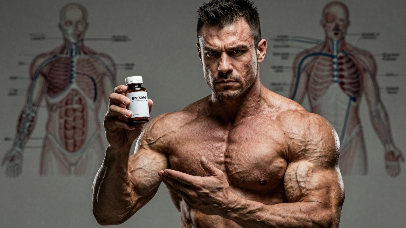 Bodybuilder with supplement bottle, hormonal pathways background.