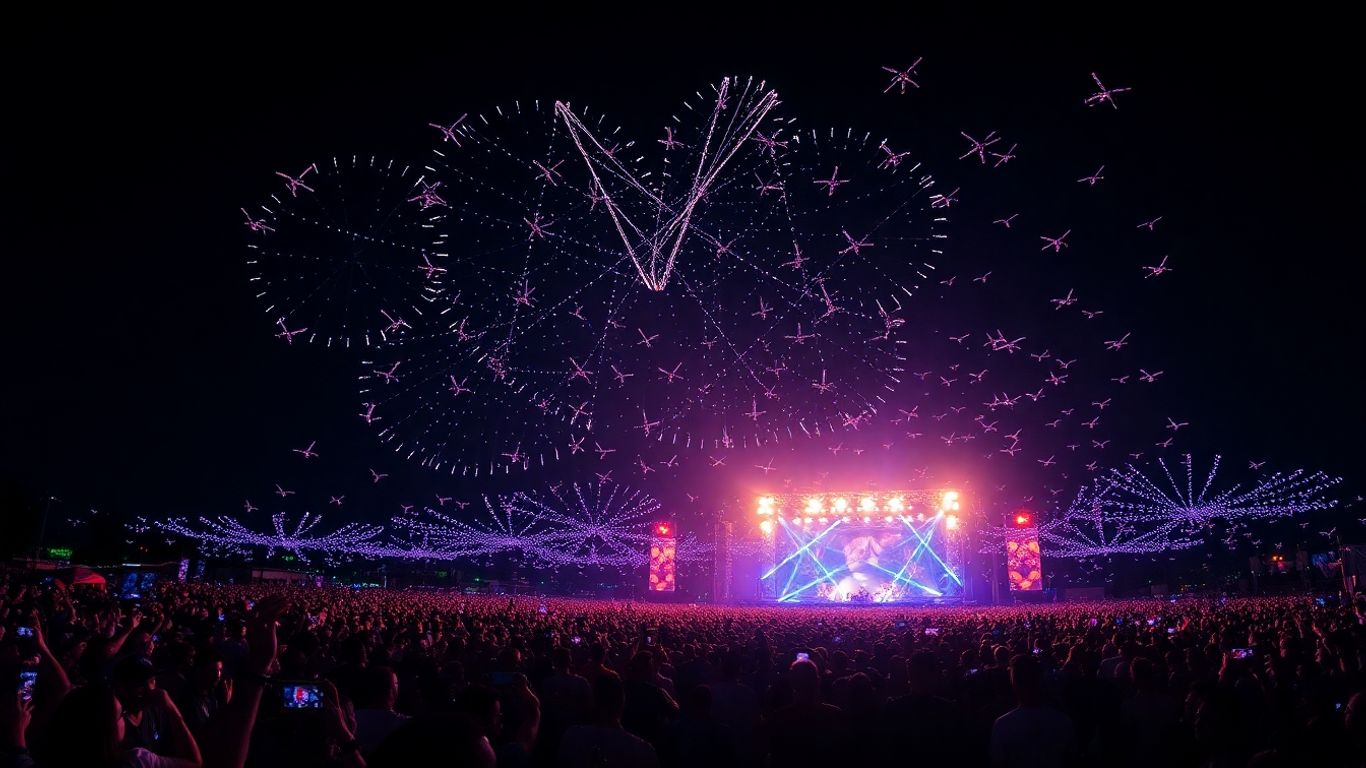 Pertunjukan drone di festival musik malam hari