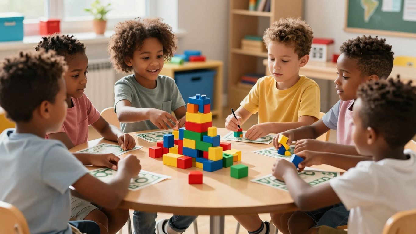 Copii învățând despre bani în clasă.