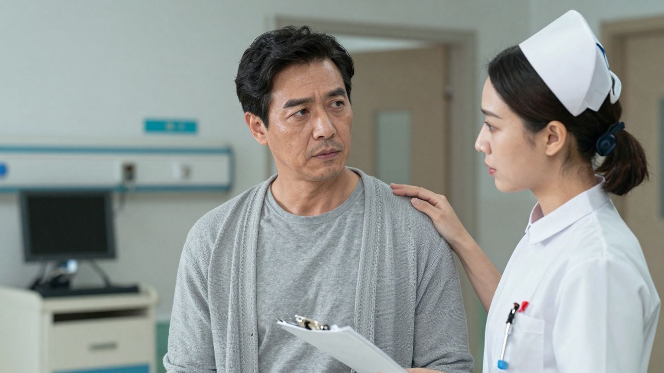 Asistent medical ghidând un pacient pe coridorul spitalului.