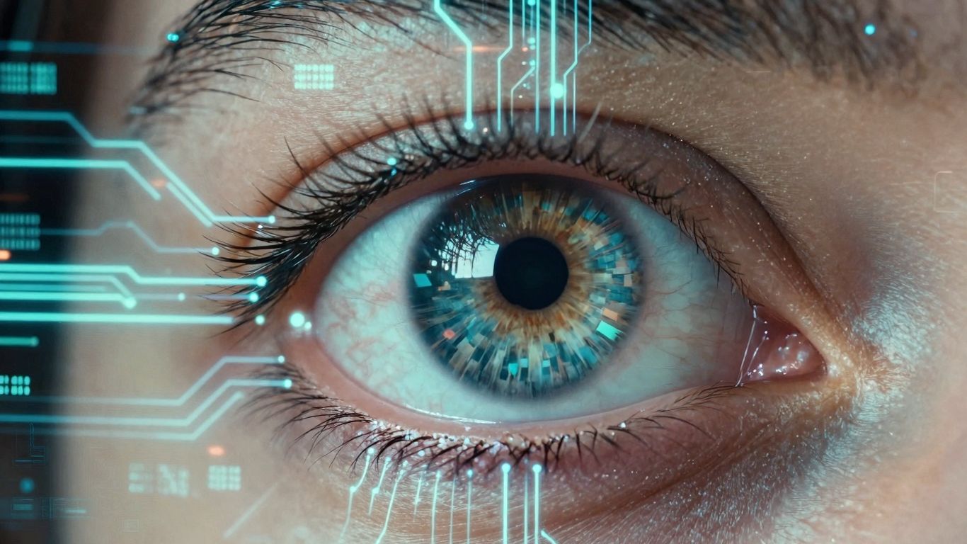 Digital eye amidst circuits and data streams.